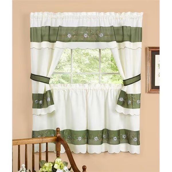 Achim BECS24GN12 Berkshire Embellished Cottage Set - 58 in. x 24 in. Tailored Tier Pair-58 in. x 36 in. Tailored Topper with attached swaggers and tiebacks., Achim Importing, Mfr#: BECS24GN12